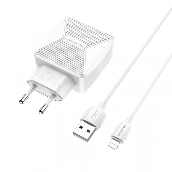 Зарядное устройство BOROFONE BA45A Max Lightning, 2.4A, белый, кабель BX19 Huiyi